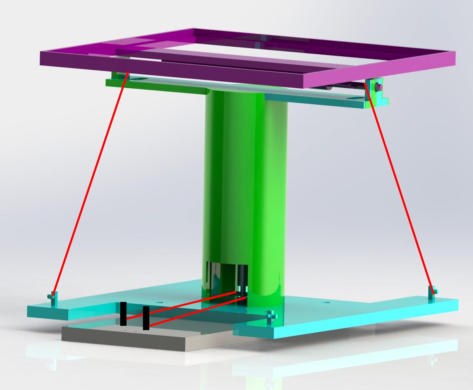 Tip-Tilt Mechanism CAD Render. The red lines represent the SMA wires.